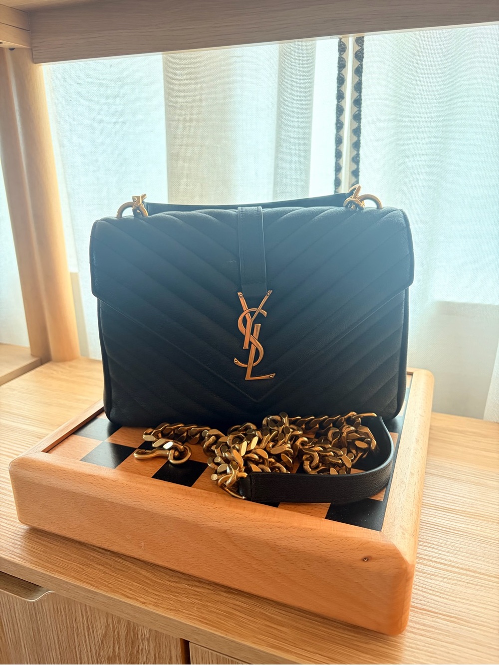 Saint Laurent Black College Medium Flap Leather Crossbody with Gold YSL Logo
